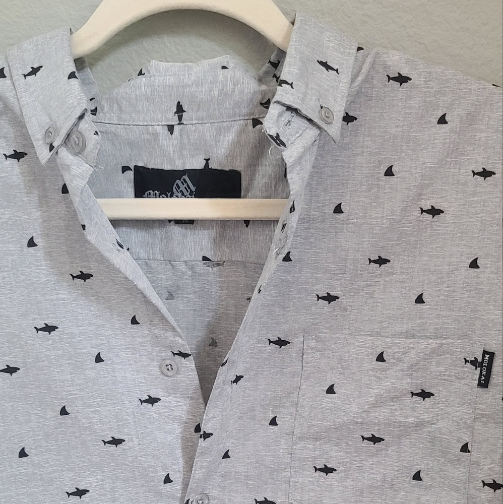 Molakai Mens Button Down Shirt Gray Sharks and Fins